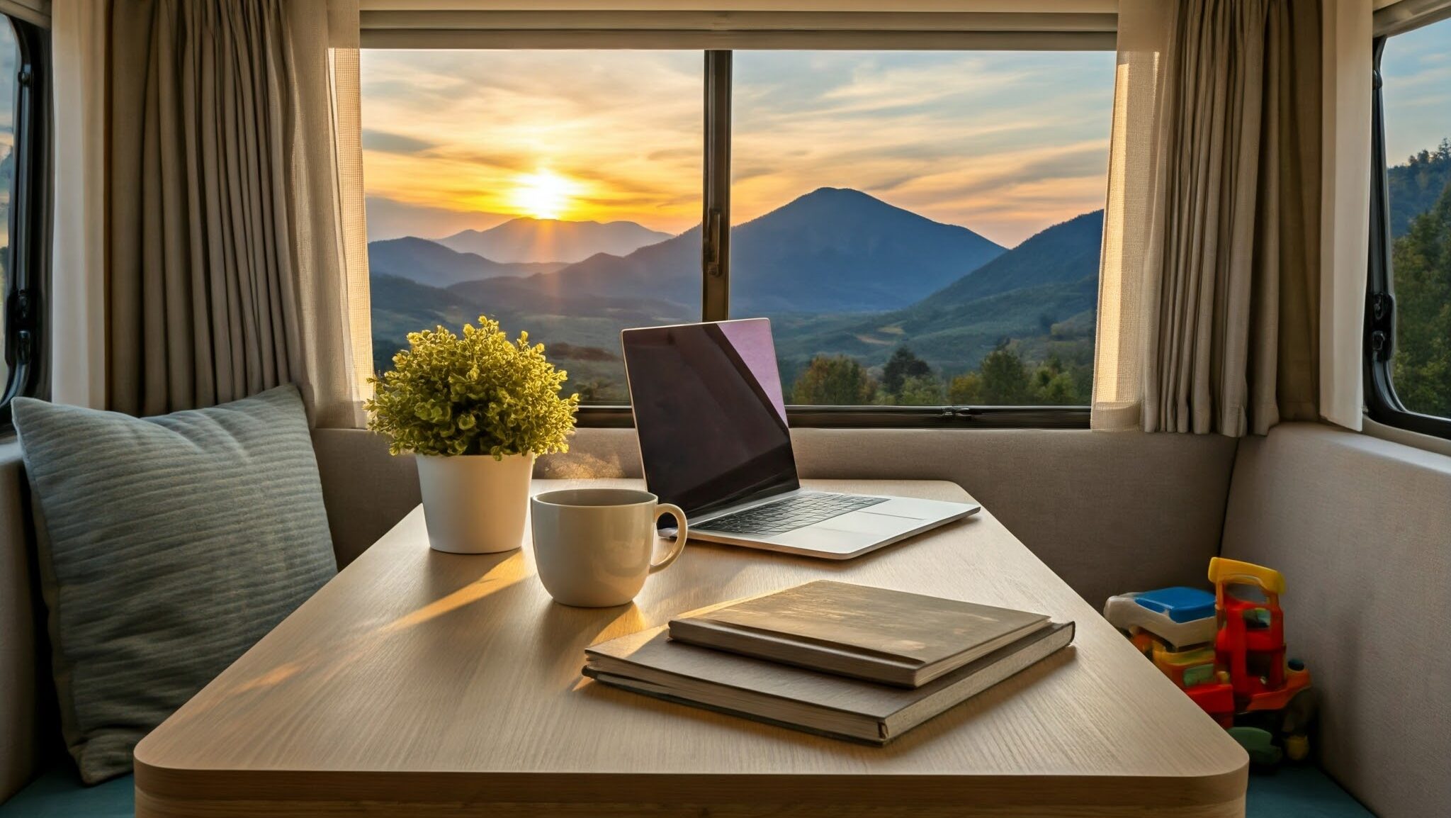 Inside an RV with laptop, coffee, and toys showing work-life balance against a mountain sunset view through the window