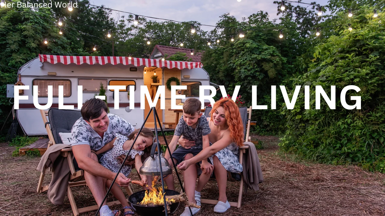 A family enjoying full-time RV living by a campfire, roasting marshmallows in front of their RV.