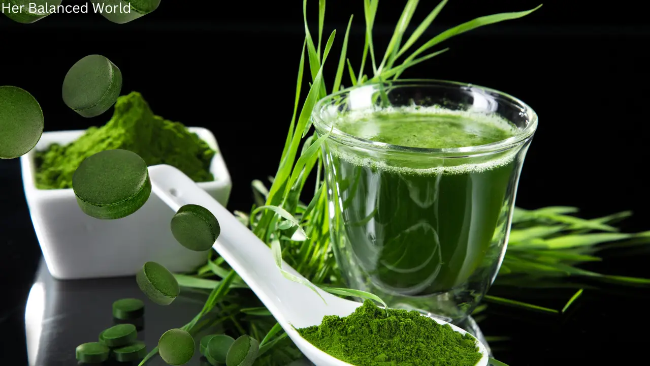 Chlorella powder in a bowl and green drink made with Chlorella powder, showcasing its vibrant green color and natural benefits.